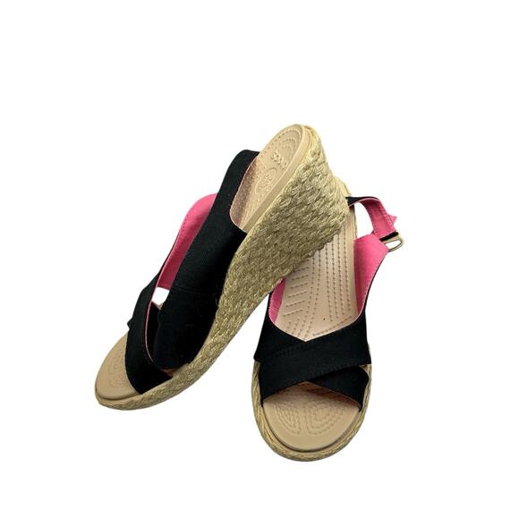 Crocs A-Leigh Wedge Black Pink Espadrilles Wedge Sandals Women's Size 9 - Picture 6 of 10